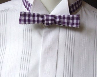 mens bowtie, super-skinny style, purple / white check cotton fabric, self tie, freestyle bow tie for men - handmade by Bagzetoile