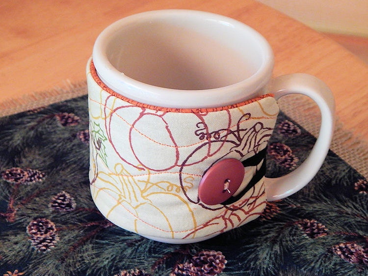 Coffee Cozy Quilted Pumkin Cotton fabric design Fall mug cozy