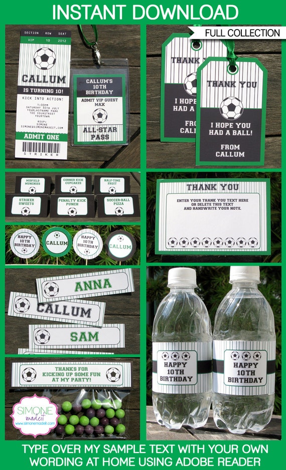 Soccer Party Invitations & Decorations - full Printable Package - INSTANT DOWNLOAD with EDITABLE text - you personalize at home Il_570xn