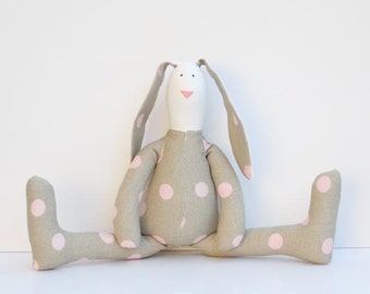 Stuffed rabbit bunny toy taupe pink polka dots hare plush bunny doll softie stuffed toy baby shower nursery decor and birthday gift