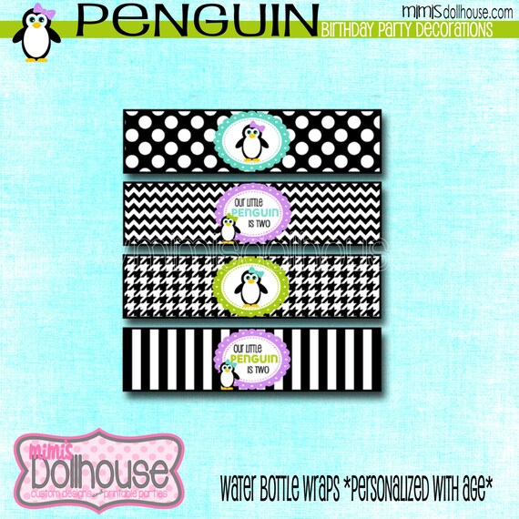 Personalized Penguin Water Bottle Labels Lavender Lime- Water Bottle Wraps Penguin Lavender Lime-PDF Il_570xn