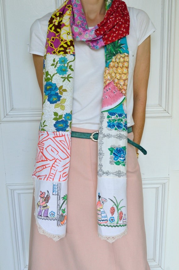 Multicolored boho patchwork scarf, long retro scarf, doily scarf, funky