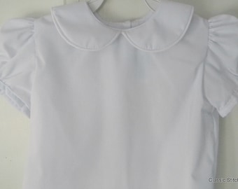 Girl White Peter Pan Collar Blouse Shirt- white, navy or red trim