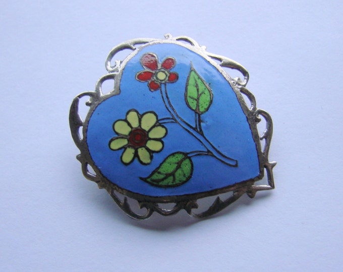 Vintage Siam Sterling Blue Enamel Niello Brooch / Heart Motif / Floral / Jewellery / Jewelry / Jewellery