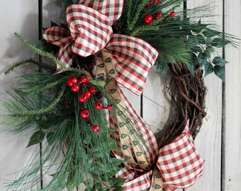 Christmas Door Wreath, Country Christmas Decor, Front Door Wreath ...