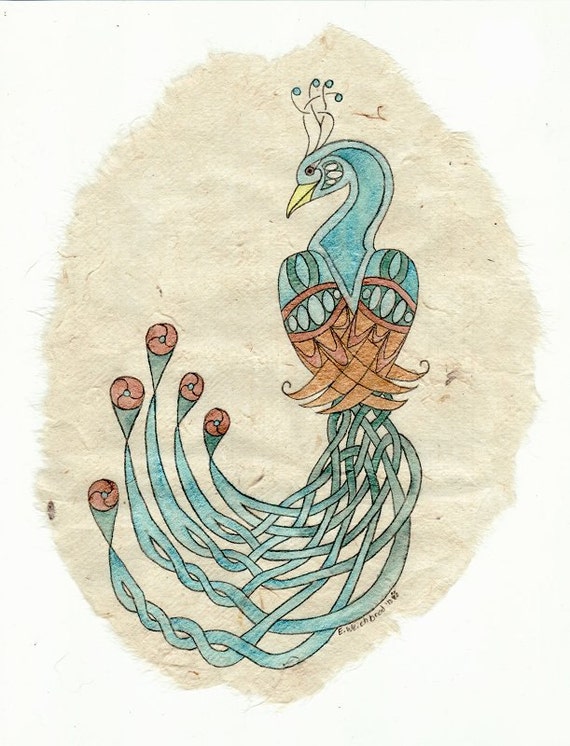 Celtic Peacock Original Watercolor on Handmade Paper