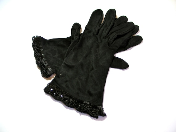 Vintage 1950s Cornelia James Beaded Black 4-button Length gloves