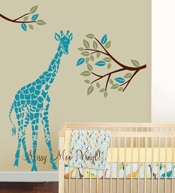 Vinyl Wall Decal nursery Giraffe with Leafy Branches Children