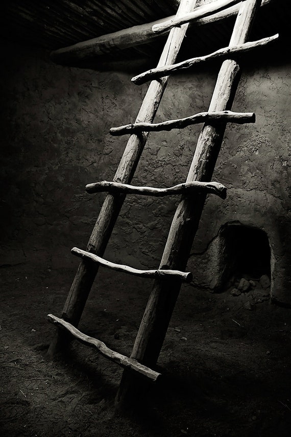 black and white photograph native american kiva ladder
