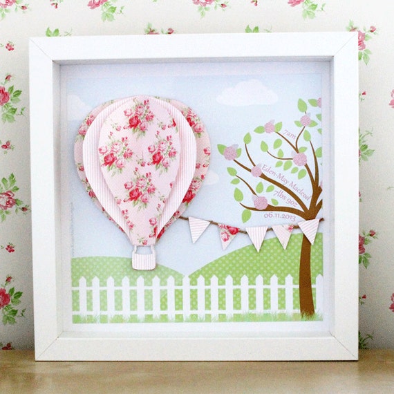 3d hot air balloon personalised picture, framed art, girl art, cath kidston, childrens wall art, new baby, birthday, naming day, christening