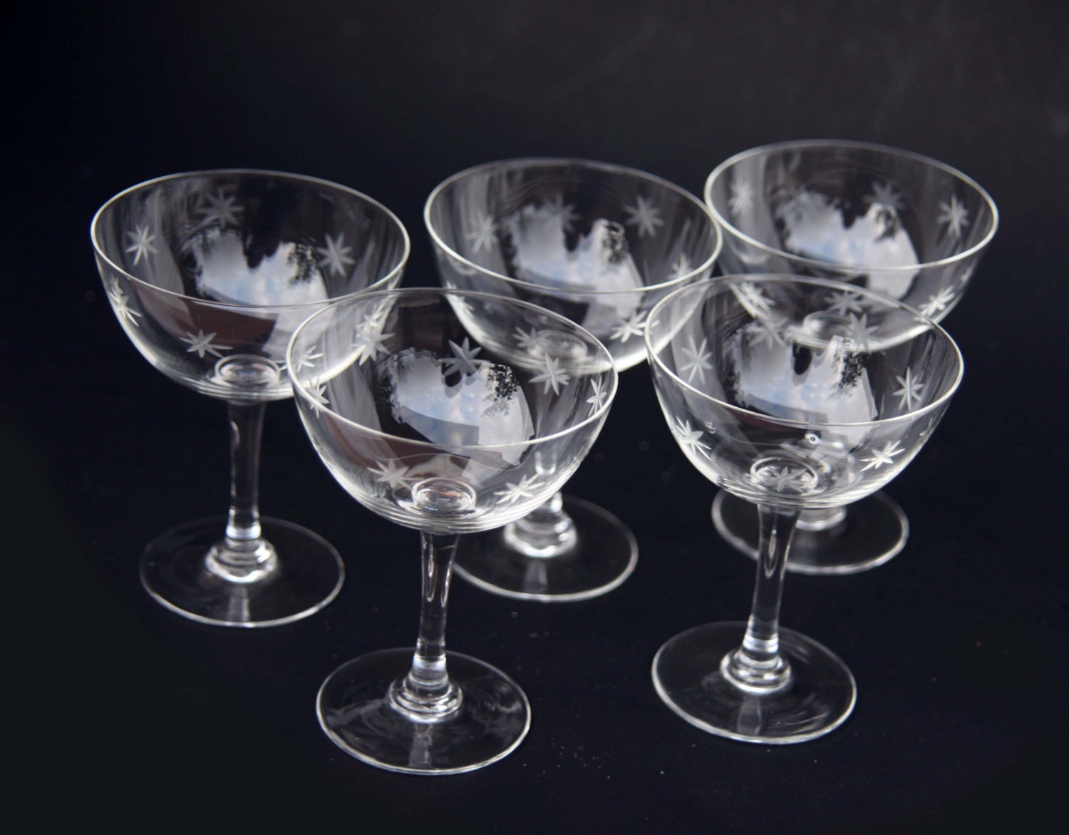 Star Burst Hand Etched Crystal Wine Glasses on Stems Set of 5