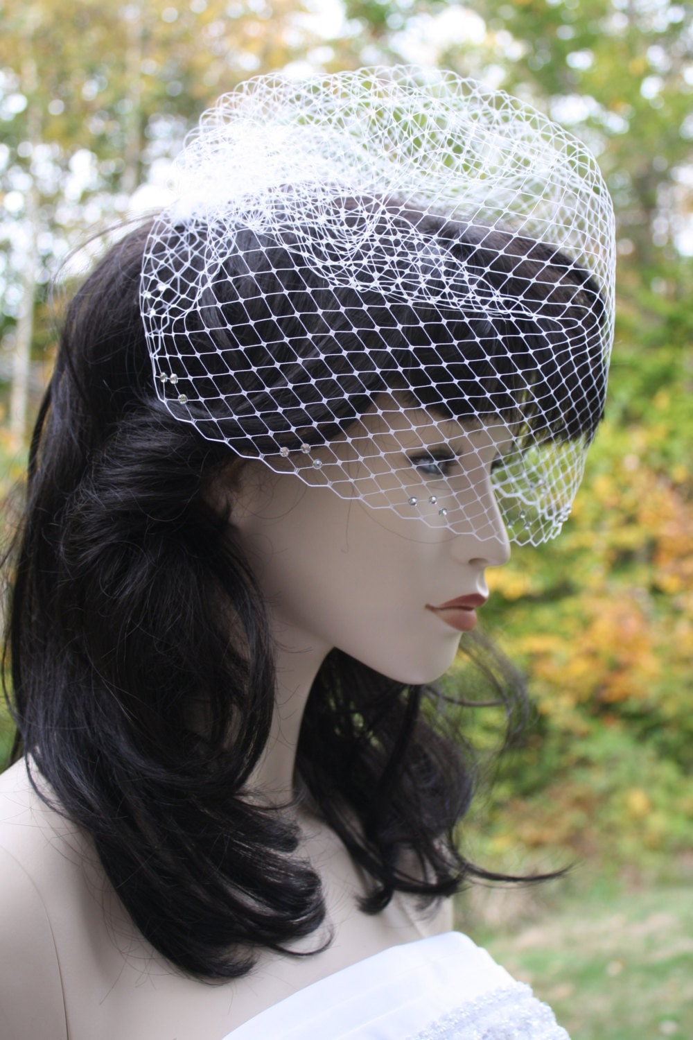 White Birdcage Veil with Rhinestones arranged in a pattern of