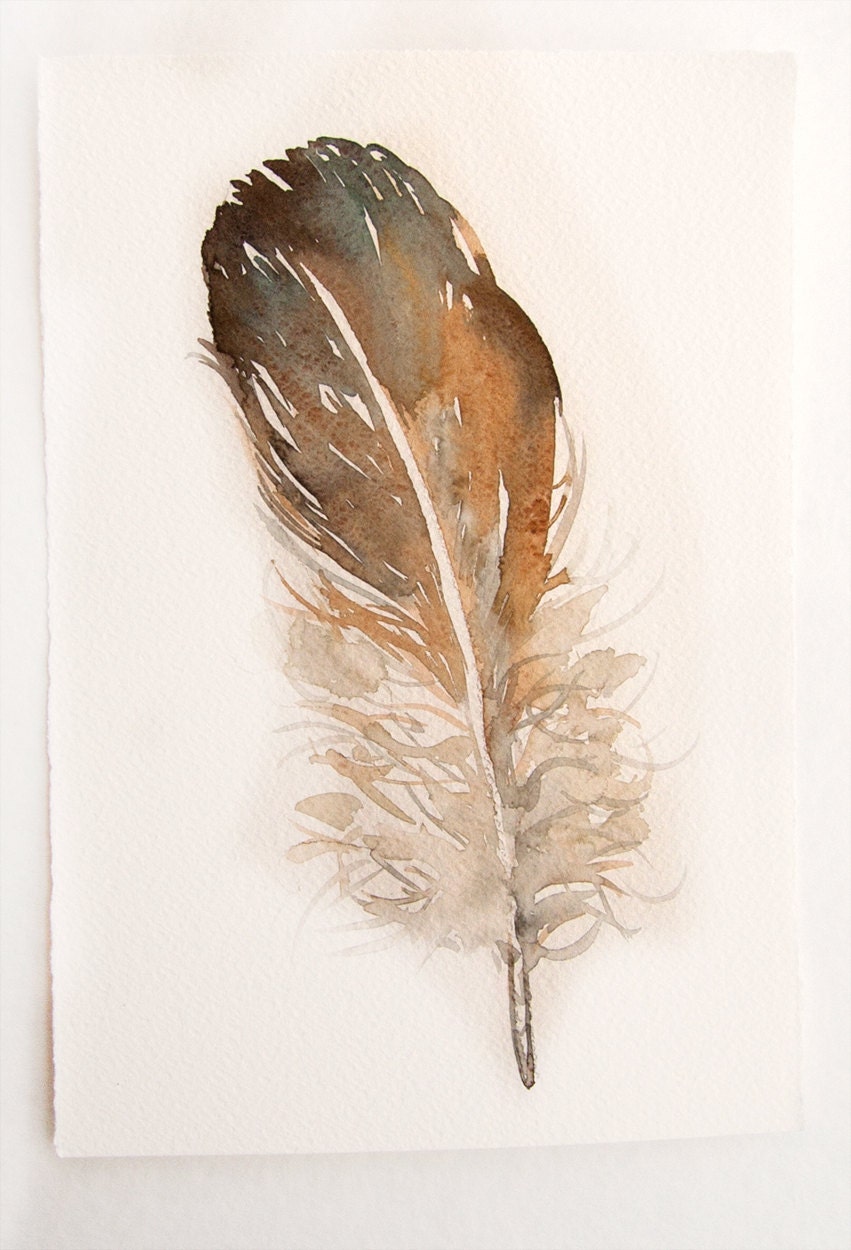 Feather Painting Original. Watercolor Art Original.Greybeige