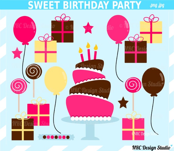 SALE - Birthday Girl Clip Art - Sweet Birthday Party Clip Art - Digital Birthday Clipart - Cute, Fun, Pink, Brown, Candy, Cake Il_570xn