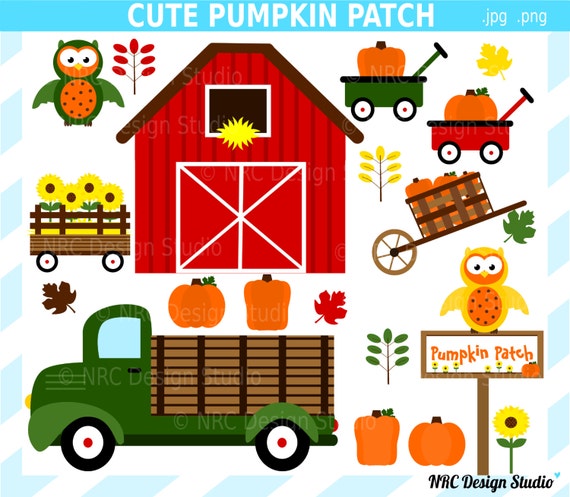 CIJ SALE - Cute Pumpkin Patch Clip Art - Digital Fall Pumpkin Patch Clipart - Autumn, Sunflower, Truck, Wagons, Red Barn, Owls Il_570xn