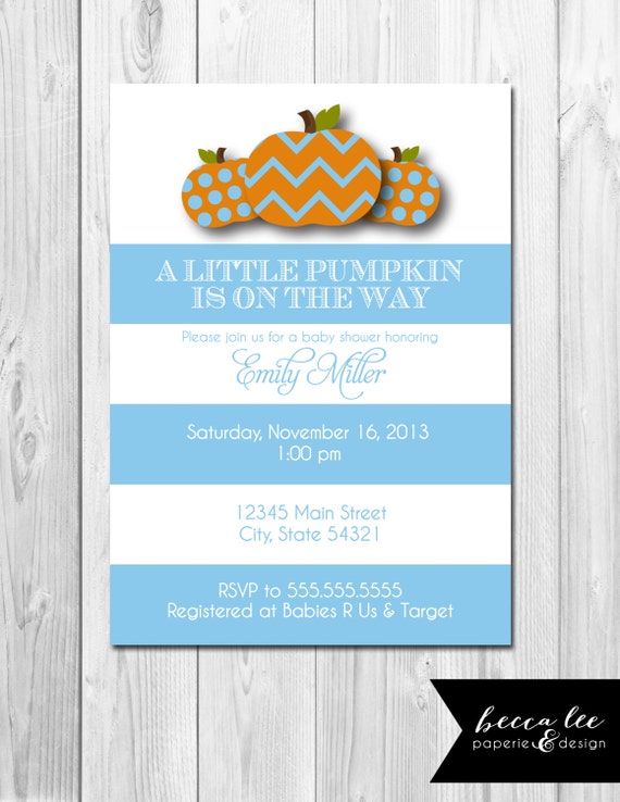 Little Pumpkin Baby Shower Invitation - Large Blue Stripes - DIY - Printable Il_570xn