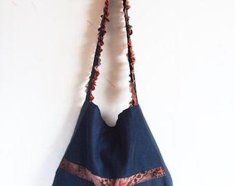SALE Boho bag, Slouch bag, Cotton and lace bag, Hobo bag, shoulder bag, romantic blue tote, navy blue