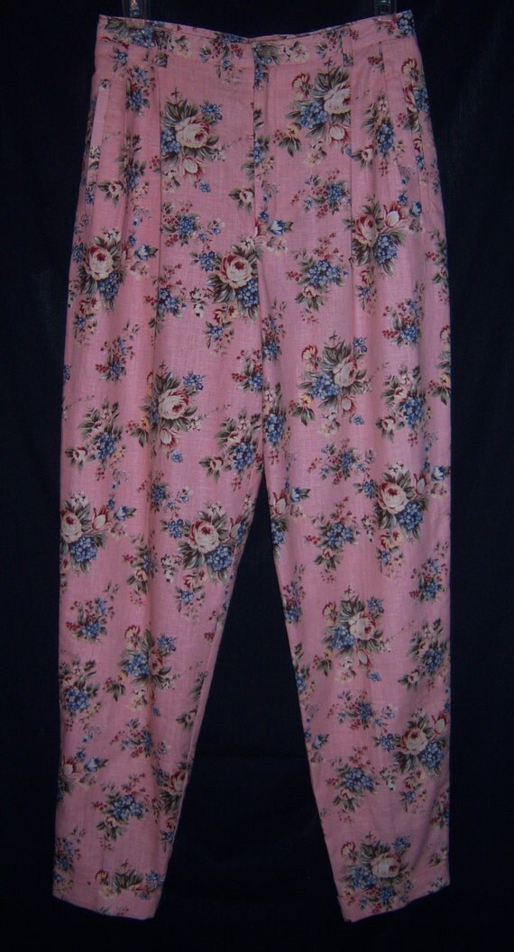 Vintage Breeches Pink English Rose Floral Flower Linen High