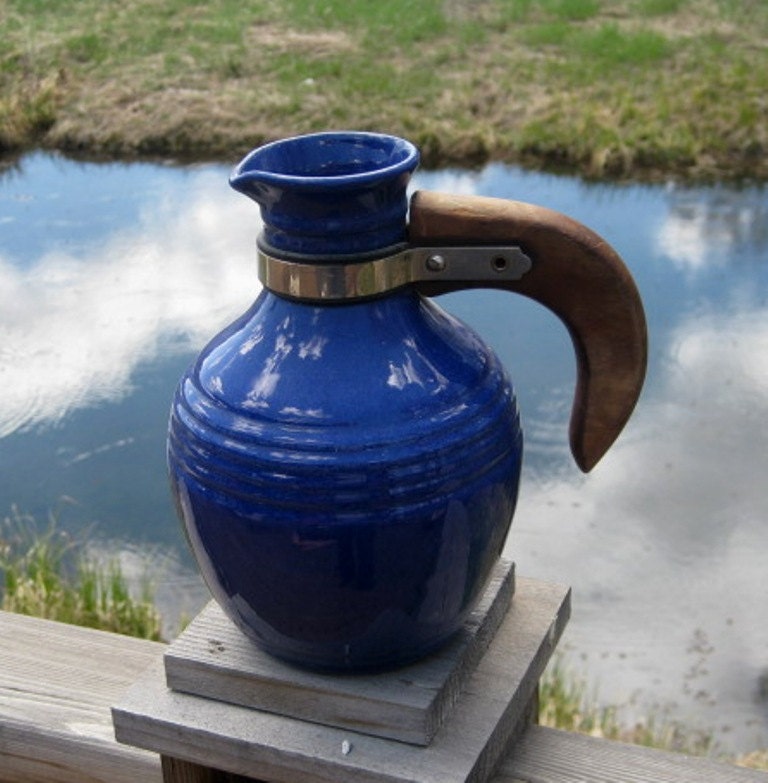SALE Vintage Pottery Carafe Pitcher Wooden Handle Cobalt