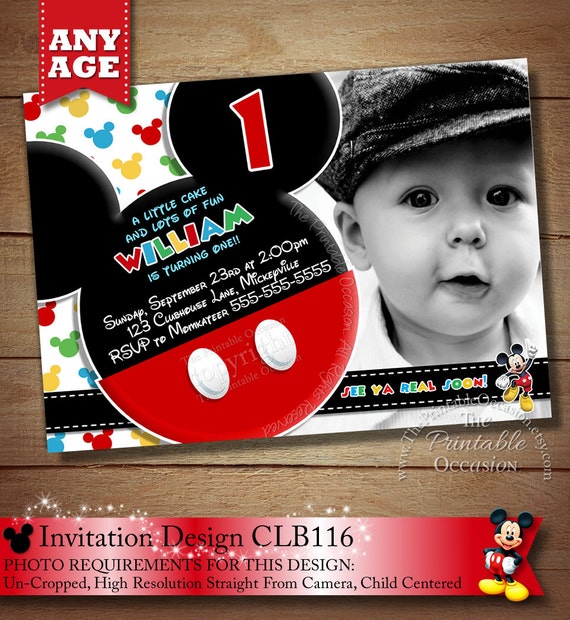 HUGE SELECTION Mickey Mouse Invitation, Clubhouse Mickey Mouse Polka Dot, Photo Invitation, Red Yellow Blue Green Black, Birthday Invitation Il_570xn