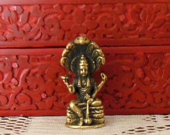 VISHNU STATUE Tiny brass Deity portable altar, Lord Vishnu seated on coiled hooded snake, Brass Vishnu w Seven Headed Serpent Statue Narayan
