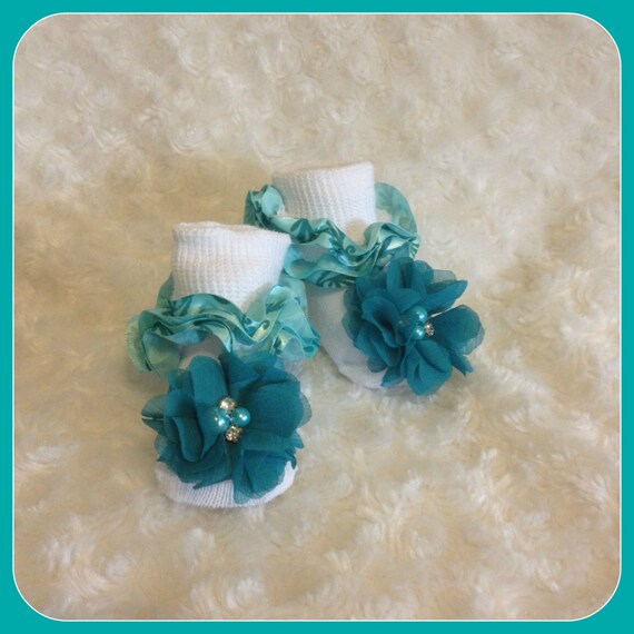 Turquoise Ruffle Flower Socks for Baby