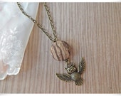 Antique Bronze Owl Charm with a Unique Tree Bark Fabric Button Necklace [Handmade Original]
