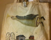 Primitive Folk Art Angel Canvas Reusable Tote Bag, Willow, Tree,  Hand Painted Folk Landscape,Trumpeting Angel
