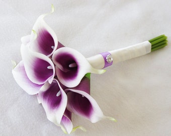 Silk Flower Wedding Bouquet Blue Purple Heart and Off White