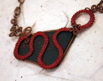 Bloodstone necklace wrapped with cooper and red wire