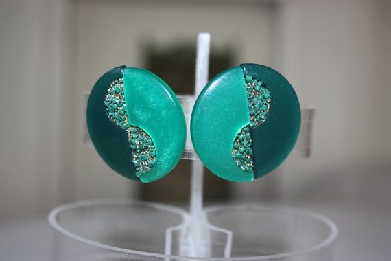 Vintage Green Lucite Geometric Disc Earrings By Havenotvintage 8435