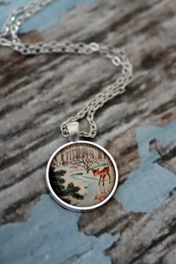 FREE SHIPPING Vintage Winter Deer glass necklace. Available in silver or bronze.