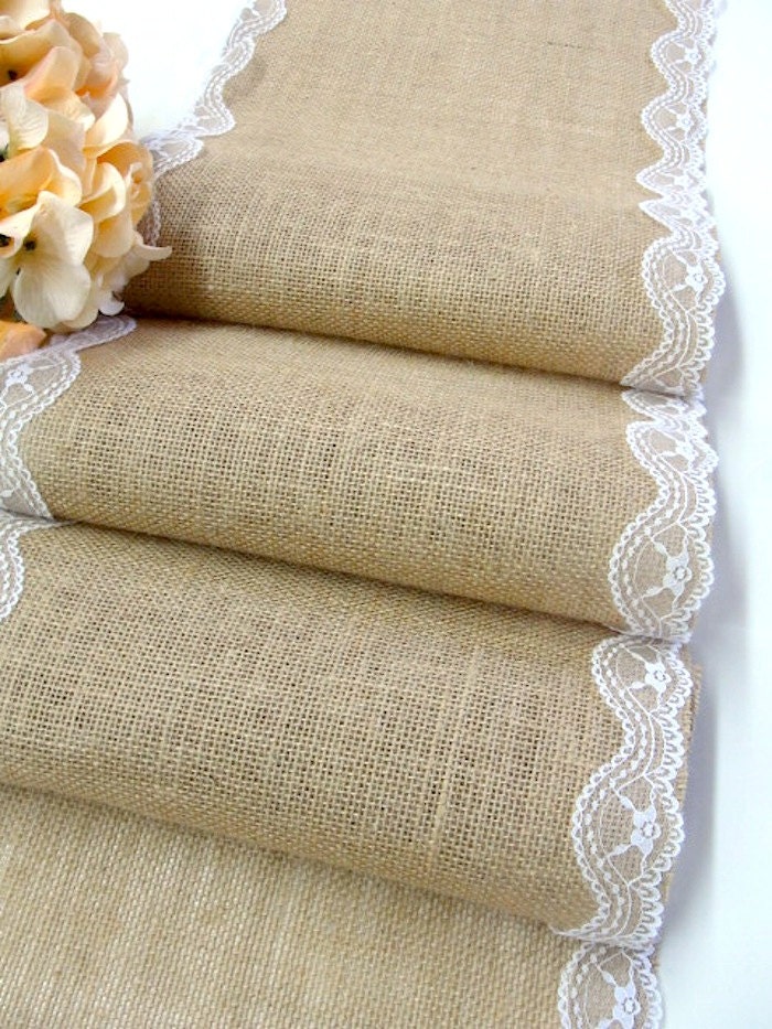 Wedding Table Runner burlap with white embroidered lace , Country Wedding Tablecloth, Rustic Runner, Handmade in the USA,