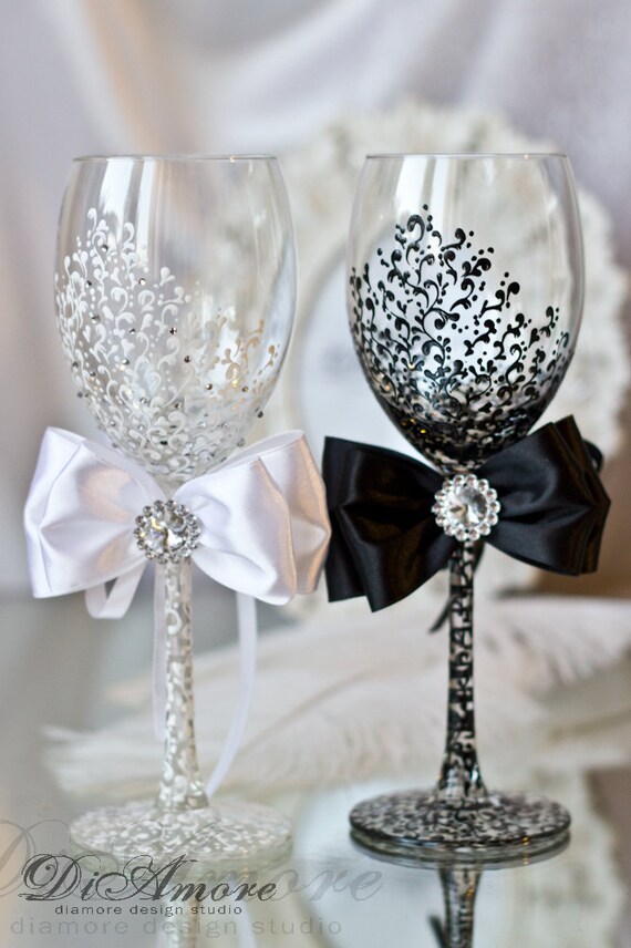 White and Black Personalized Wedding Set Champagne Flutes Mr