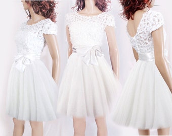 Lace short Wedding dress / V front by UpToDateFashion on Etsy