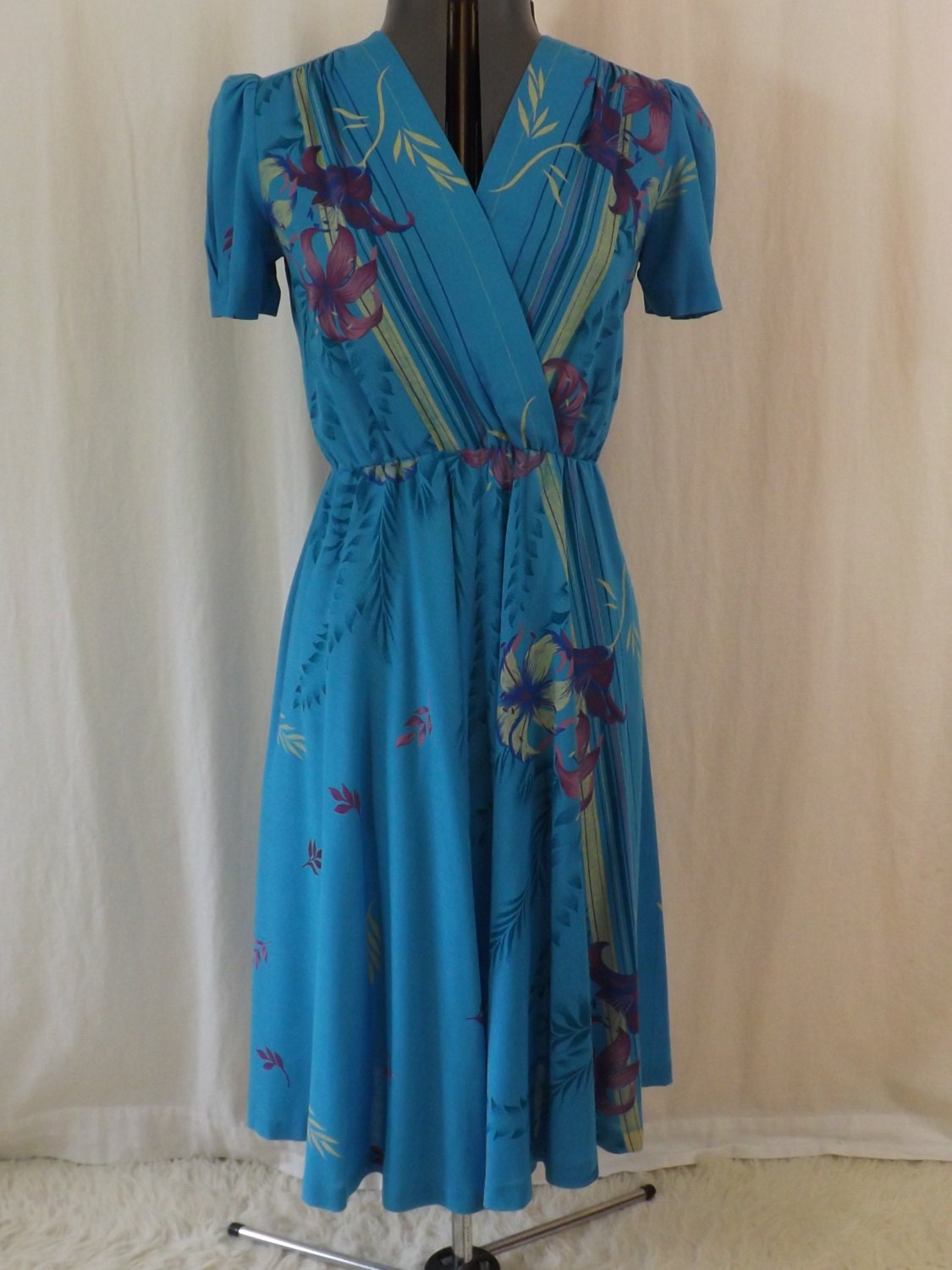1970s JC PENNEY blue polyester & rayon floral dress