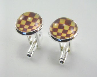 Men's CHESS BOARD Silver Cuff Links -- Chess board cufflinks for him and her, Chess art, Game board cufflinks, Abstract art cuff links