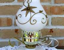 lamp   Gold w Lamp bubble Vtg Milk Beautiful milk Elec  Glass White Hand Globe glass painted