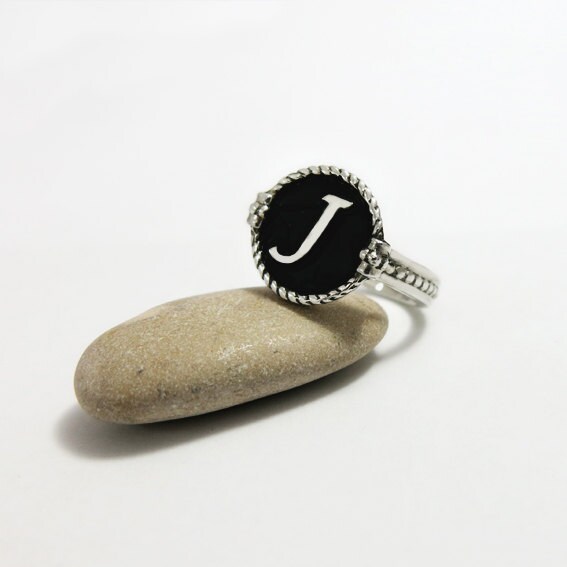 Personalized Initial Ring in Silver and Black Enamel Etsy