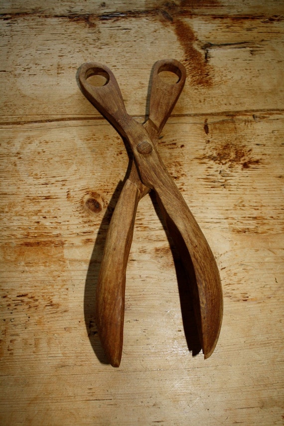 Vintage Wooden Salad Tongs salad scissors rustic kitchen