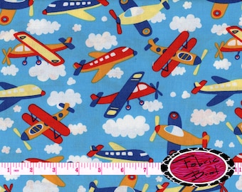 AIRPLANE Fabric by the Yard Half Yard or Fat Quarter Blue Sky CLOUDS ...