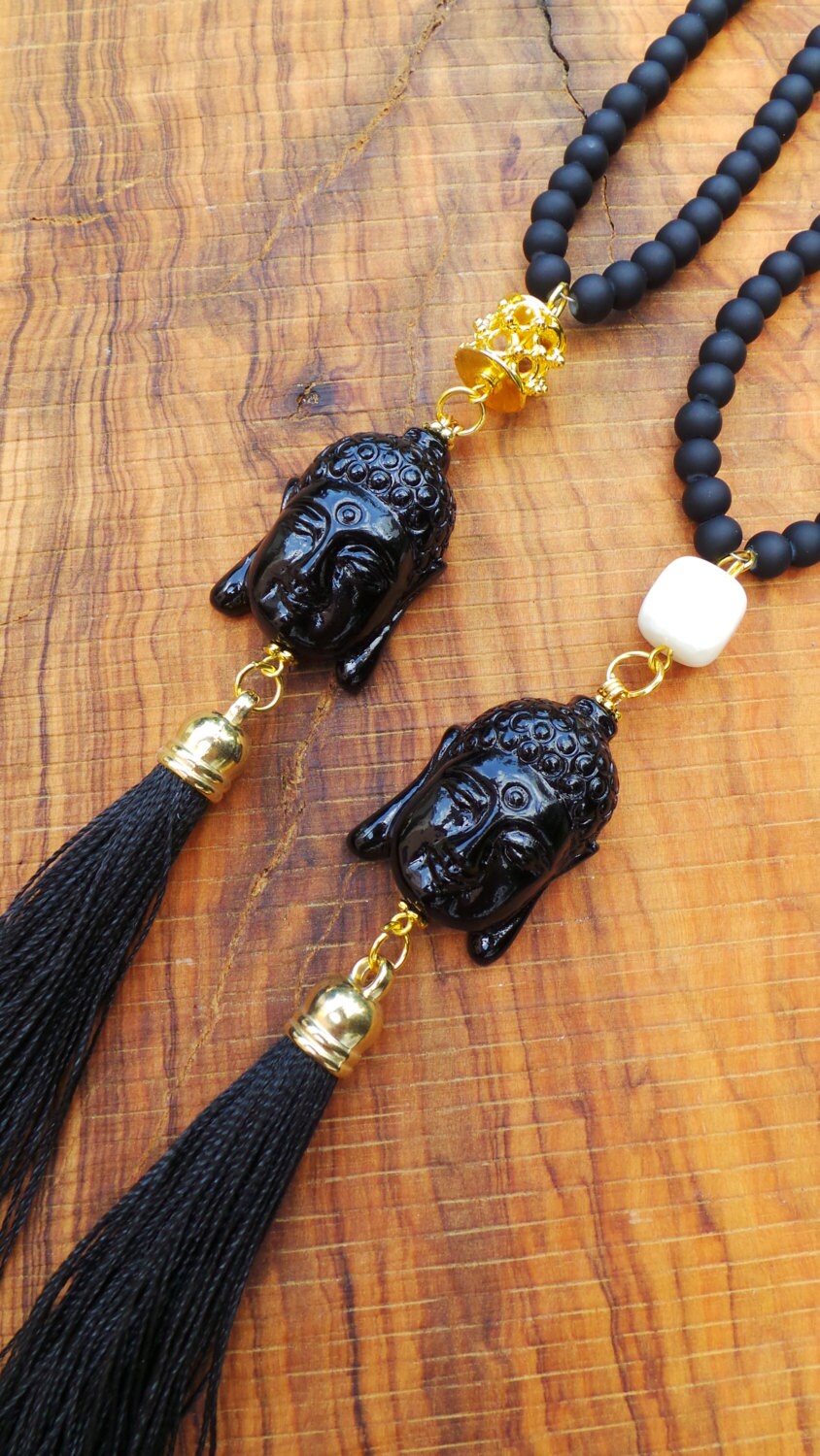 Long beaded buddha tassel necklace. Buddha necklace with