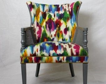 SOLD-Can Replicate on a Similar Chair-Vintage Tufted Jewel Toned Accent Chair with Sultana Burlap Rainbow Watercolored Linen Fabric Polished
