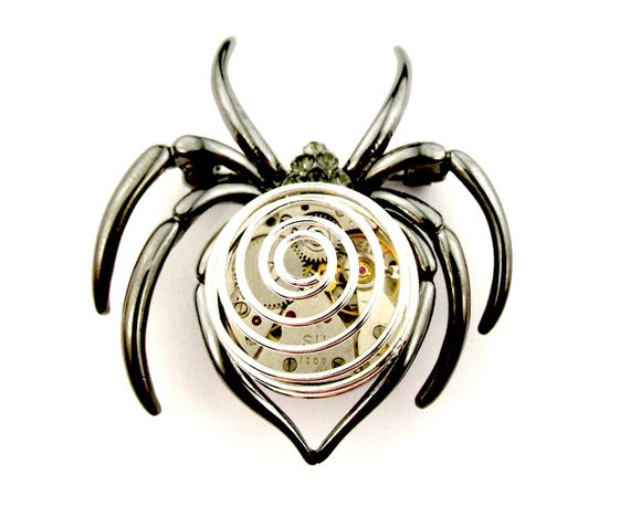 Black Widow Brooch Artisan Steampunk Spider Pin Webbed