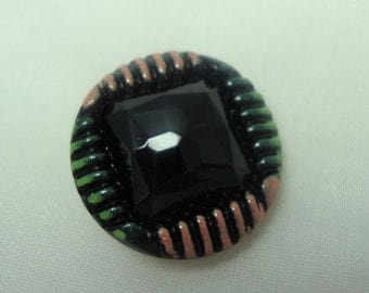 Czech Glass Button 23mm - hand painted - black, green, salmon pink (B23244)