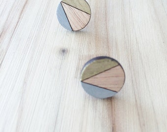 Hand Painted Laser Cut Wood Geometric Round Pattern Stud Earrings- Gold and Grey
