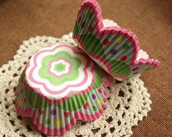 Rainbow Polka Dot Pink Floral Cupcake Liners (50)