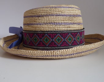 Handwoven Toquilla Straw Hat Boater Natural and Periwinkle Lisu Hilltribe CrossStitch Band