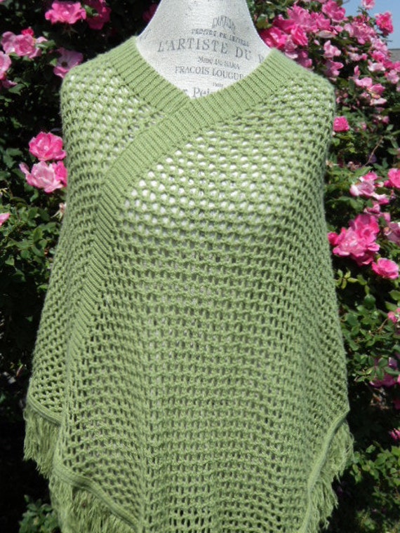 Vintage Open Weave Knit Poncho Rare Olive