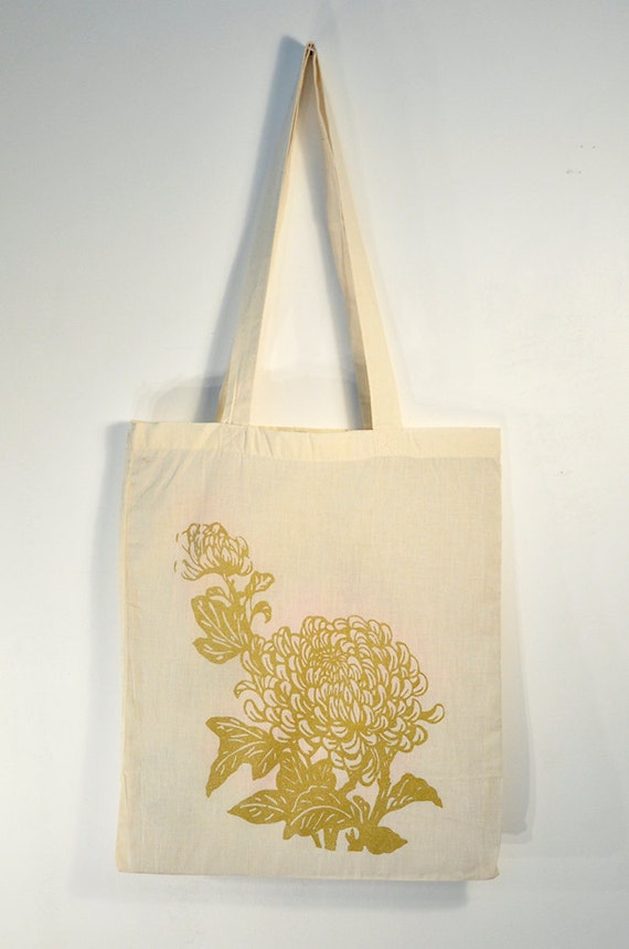 Natural cotton Bag, hand-made screen printing, Chrysanthemum, limited ...